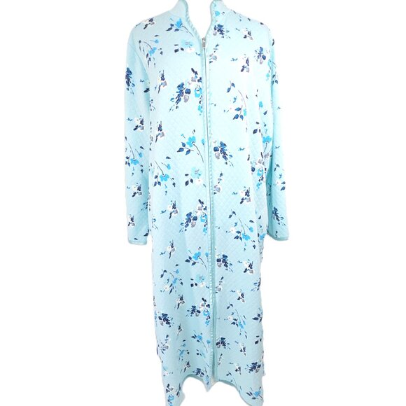 Adonna Qulited Blue Asian Mint Floral Zip Front Bath Robe Housecoat Cottagecore - Picture 1 of 11